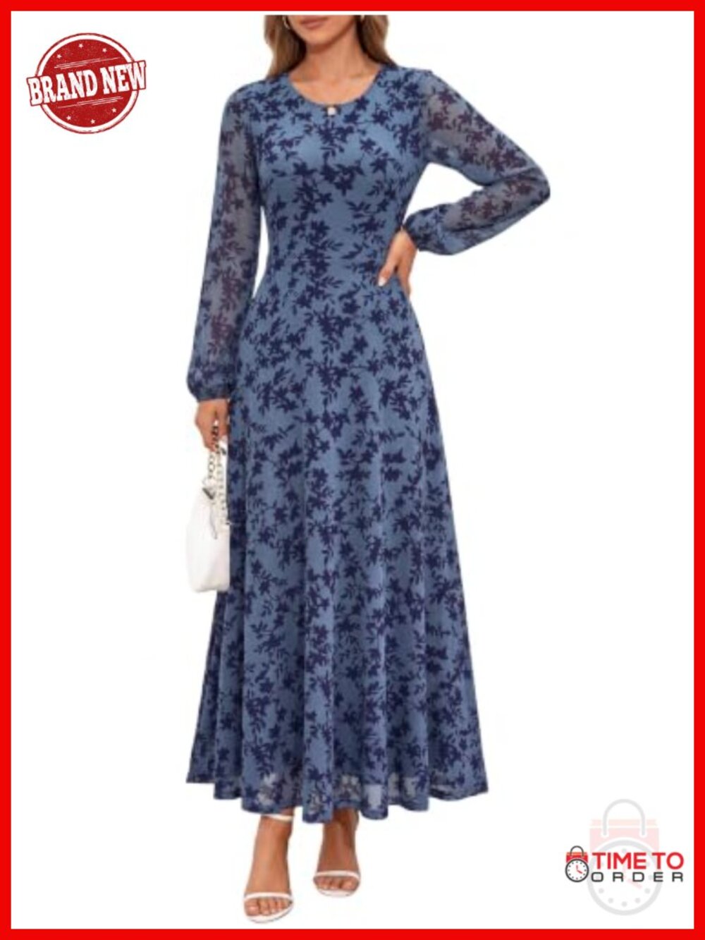 Long Sleeve Floral Maxi Dress Crew Neck Semi Formal Wedding Guest